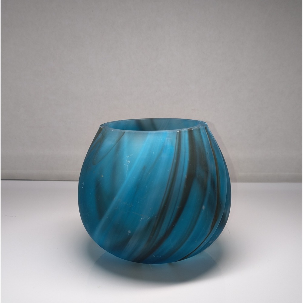 Blown Glass Candle Holder Or Vase Blue W Black Swirls Handmade Home Decor